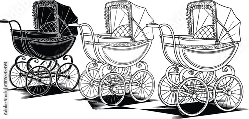 Vintage baby carriage illustration set, cad drawing flat vector illustration, antique pram collection detailed engraved retro design