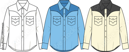 Western cowboy shirt technical drawing set, long sleeve button down with flap pockets, fashion CAD vector illustration