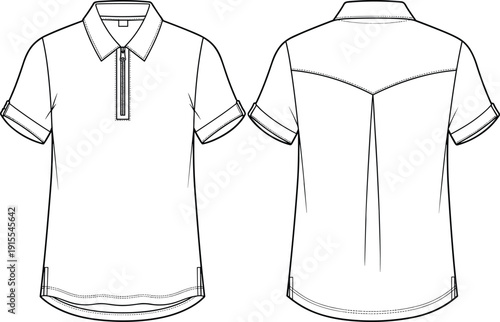 Women polo shirt technical drawing, front and back view, short sleeve collared top, flat fashion CAD vector outline