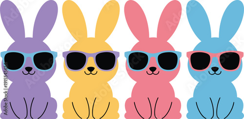 Colorful cartoon rabbits wearing sunglasses for easter