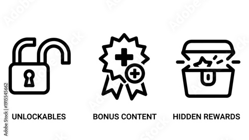 Minimal Black Outline Icons representing Unlockables, Bonus Content, and Hidden Rewards, ideal for gaming, loyalty programs, or exclusive digital access concepts.