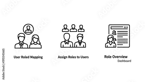 Black Outline Icons illustrating User Role Mapping, Role Assignment, and Role Overview Dashboard for managing permissions, access levels, and organizational hierarchies.