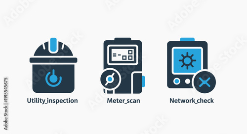 Modern Flat Vector Icons for Utility Inspection, Meter Scan, and Network Check, representing infrastructure maintenance, energy management, and system diagnostics.