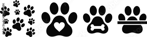 Dog paw print icon set with heart and bone symbols solid black vector illustration isolated on white background for pet care design