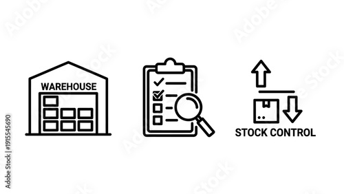 Essential Black Outline Icons for Warehouse Management, Inventory Control, and Stock Auditing, vital for logistics, supply chain, and retail operations.