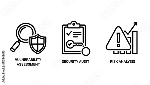 Critical Black Outline Icons for Vulnerability Assessment, Security Audit, and Risk Analysis, illustrating cyber threat detection and data protection strategies.