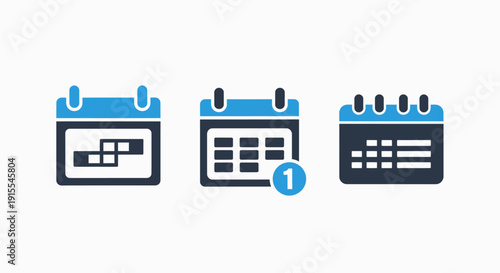 Modern Calendar Icons for Scheduling, Event Planning, Reminders, and Time Management with Notifications in Blue Tones