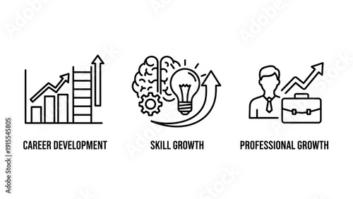 Black Outline Icons for Professional and Career Development, Skill Growth, and Business Advancement Concepts