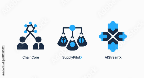 Abstract Business System Icons Representing Supply Chain Management, AI Data Flow, and Collaboration Networks in Blue and Dark Tones