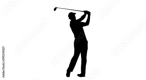 Silhouette of a male golfer in midswing captured against a clean white background.