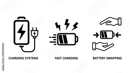 Black Outline Icons for Battery Charging Systems, Fast Charging Technology, and Battery Swapping Solutions