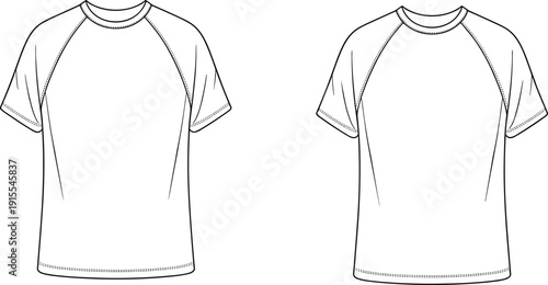 Technical fashion illustration of short-sleeve raglan t-shirts with crew neckline, showing fitted and loose sleeve variations, ideal for garment construction, apparel design, and fashion flats