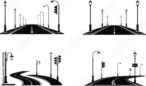 Black and white street signs and traffic lights on roadways