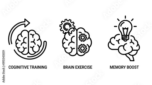 Cognitive Training, Brain Exercise, and Creative Idea Generation Icons, Mental Health and Education Vector Set