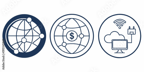 A set of three icons representing global network, financial transaction, and cloud computing concepts in a modern digital landscape from a straightforward viewpoint.