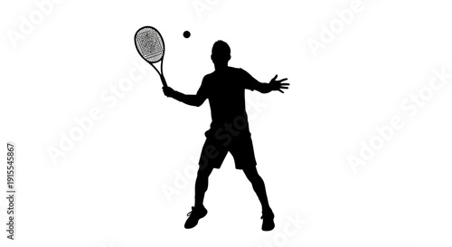 Silhouette of a male tennis player in action ready to hit the ball with a racket.