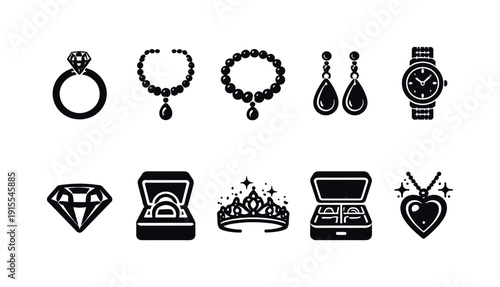 Jewelry, accessories silhouette icon set. Rings, necklaces, watches silhouette collection