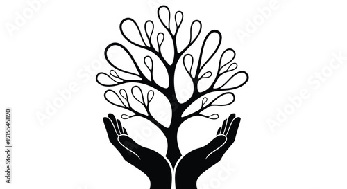 Hands cupping and protecting small tree with abstract leaves growing upwards