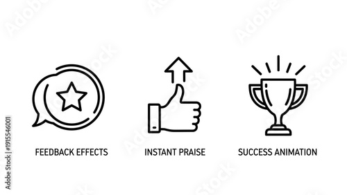 Positive Feedback and Success Symbols Featuring Star Rating Bubble, Thumbs Up with Growth Arrow and Winner Trophy Award, Vector Line Art