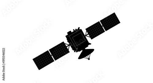 Silhouette of a modern satellite with solar panels extended.