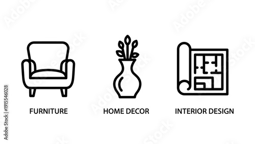 Interior Design and Home Decor Icons Including Armchair Furniture, Vase with Floral Arrangement and Architectural Blueprint Floor Plan