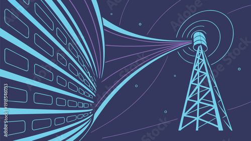 Abstract digital data transmission visualized flowing from a glowing grid toward a stylized communication tower structure