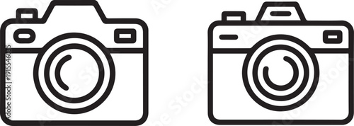 Line art camera icon isolated on white background, minimal photography outline, thin line photo and DSLR symbol, clean monochrome vector design