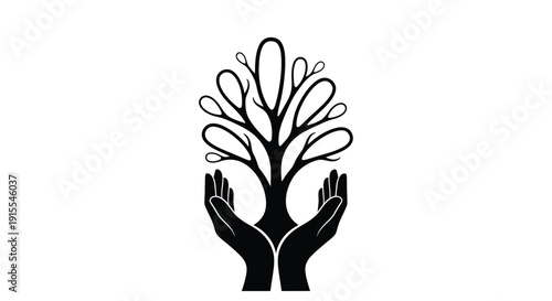 Stylized tree in cupped hands symbolizing nature conservation and environmental protection