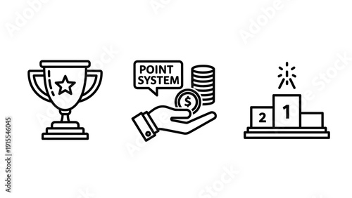 Achievement and Gamification Icons Featuring Winner Trophy, Point System Reward and Ranking Podium for Competitive Success in Black Line Art