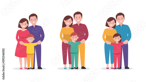 Printset of happy families with parents and children flat illustration diverse family characters standing together love parenting concept