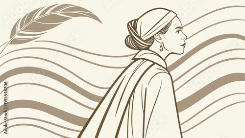 Stylized illustration depicts a thoughtful woman in profile near a flowing feather against abstract background waves
