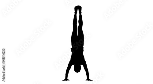 Silhouette of a person performing a handstand on a white background.