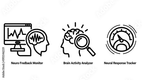 Neuroscience Brain Activity Analyzer and Neural Response Tracker Icon Set, Representing Neuro Feedback Monitoring and Research