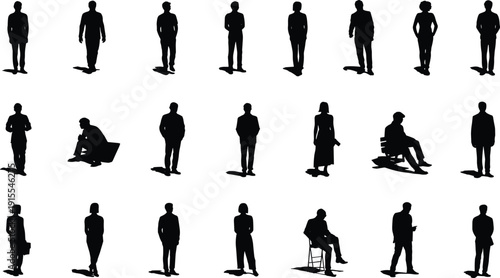 Collection of twenty black silhouettes of people in diverse standing and seated poses, showcasing posture, fashion, and accessories, perfect for design, education, and creative projects.
