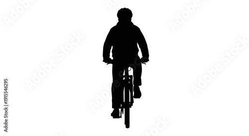 Silhouette of a person riding a bicycle from the front.