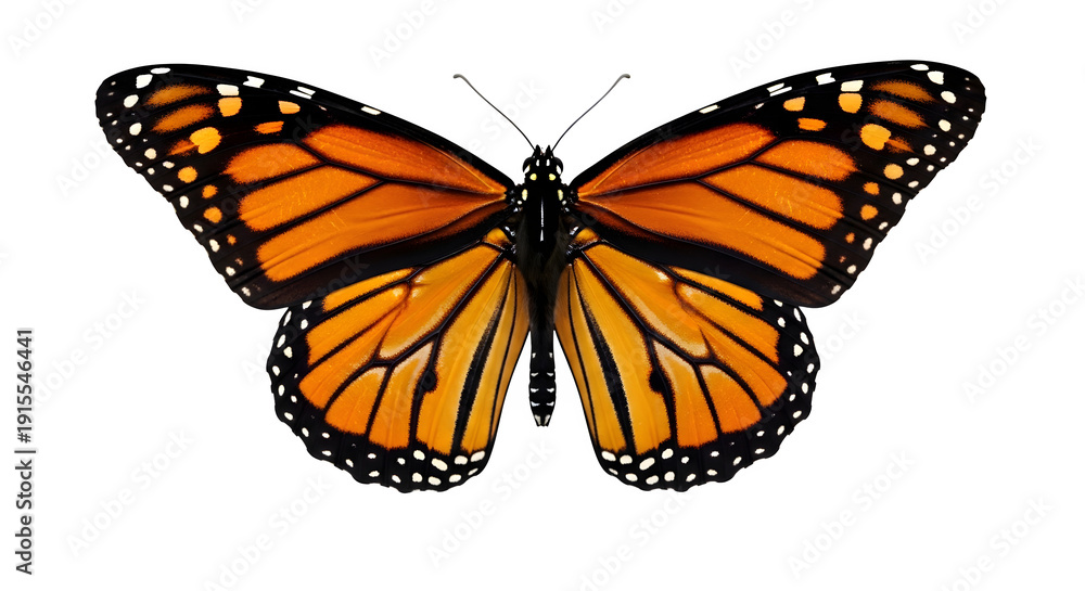 Obraz premium Vibrant Orange Monarch Butterfly with Black and White Details on Wings Spread Wide Against Solid Black Background