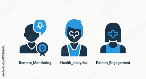 Telemedicine and healthcare digital health icons depicting remote patient monitoring, health data analytics, and patient engagement strategies in blue professional style.