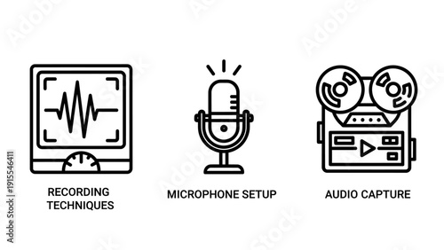 Professional audio recording equipment icons including sound wave monitors, microphone setup for podcasting, and vintage reel-to-reel tape deck for music production.