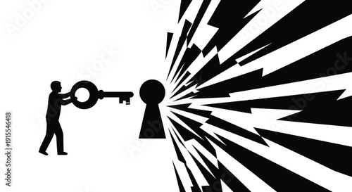 Man silhouette with a key in a keyhole and an explosion of light on opposite side