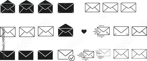 Email envelope icon set with open, closed, outline, solid, dashed and fast delivery symbols minimalist black vector illustration for messaging and communication design