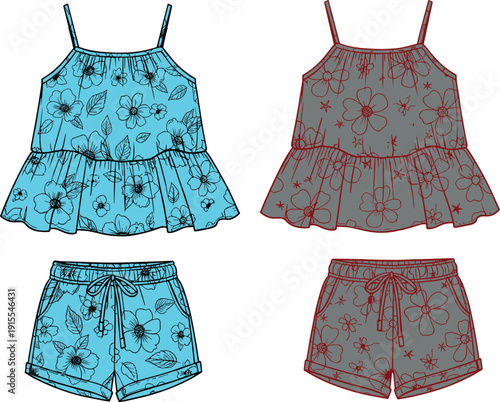 Girls Floral Summer Outfit Set Vector Illustration Featuring Spaghetti Strap Peplum Top and Matching Drawstring Shorts in Blue and Gray Colors