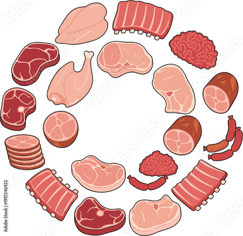 Raw meat assortment arranged in circle flat vector with beef steak, pork ribs and sausages for butcher shop food design