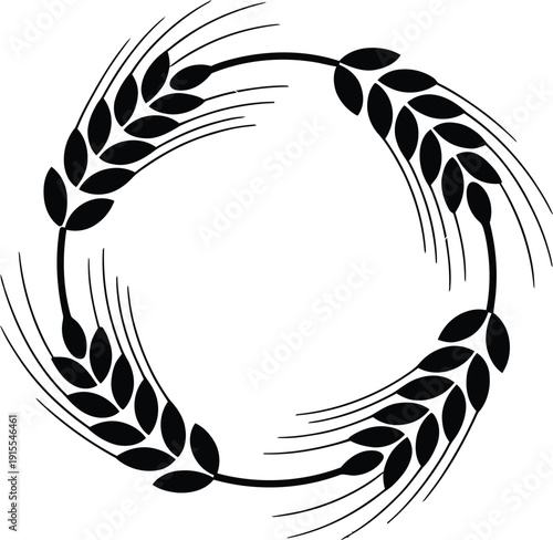 Black wheat laurel wreath icon, round decorative victory and achievement emblem design isolated on white background vector graphic.