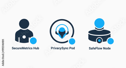 Abstract brand identity icons for cybersecurity and data privacy platforms including SecureMetrics Hub, PrivacySync Pod, and SafeFlow Node in professional blue tones.