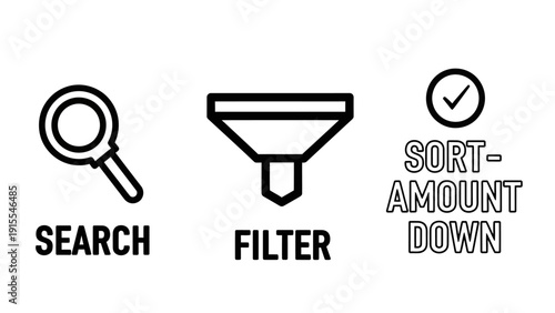 Bold black and white linear icons for user interface navigation including search magnifying glass, data filter funnel, and sorting options for web applications.