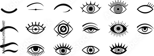 Eye icon set collection with different iris, pupil and eyelash styles black vector illustration isolated on white background for vision and beauty design