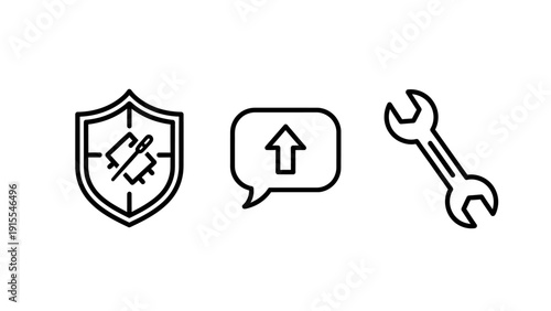 Minimalist line icons representing security shield for power protection, message upload notification, and maintenance wrench tool for technical support and settings.