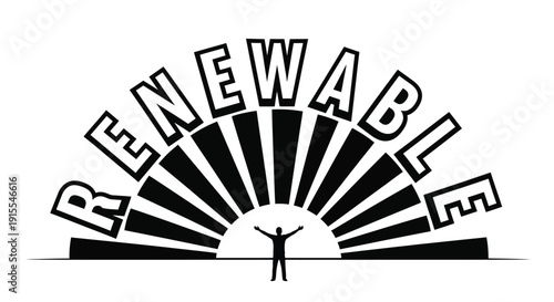 Person with arms raised beneath sunburst graphic spelling renewable signifying sustainable energy and eco friendly power