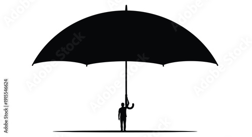 Silhouette of person holding large open umbrella offering protection and security against elements or challenges