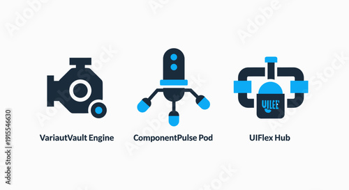Technical Infrastructure Icons Representing Vault Engine, Pulse Component Pod, and Central UI Hub System Architecture